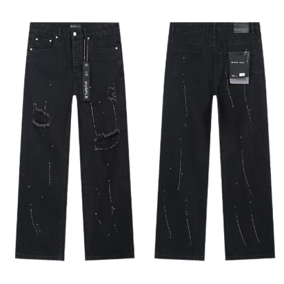 Black Washed Wide-Leg Denim Jeans with Paint Splatter and Knee Distressing